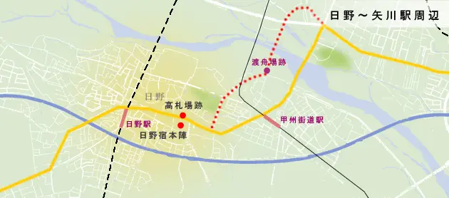 甲州街道　日野～矢川駅周辺の地図