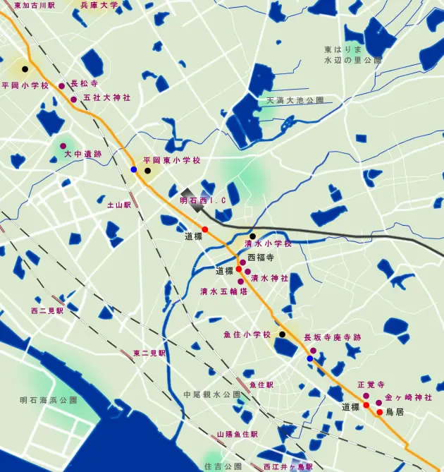 山陽道　金ヶ崎から東加古川駅付近までの地図