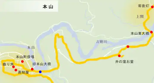 土佐北街道　本山の地図