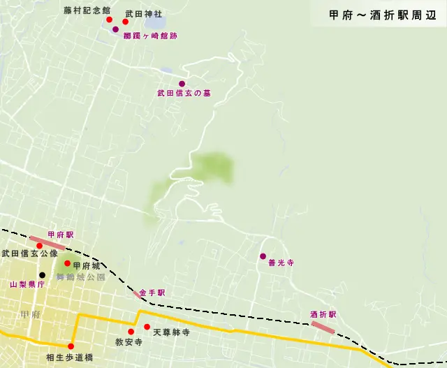 甲府～酒折駅周辺の地図