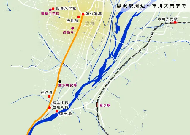 身延道　鰍沢駅周辺から市川大門駅周辺の地図