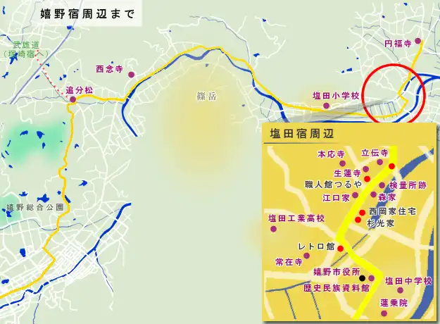 長崎街道　塩田宿周辺から嬉野宿周辺までの地図