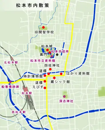野麦街道　松本市内散策の地図