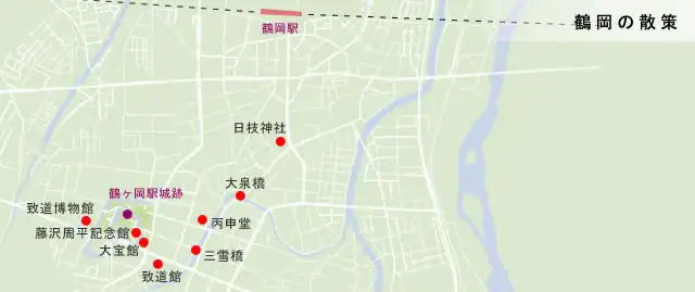六十里越街道　鶴岡の散策までの地図