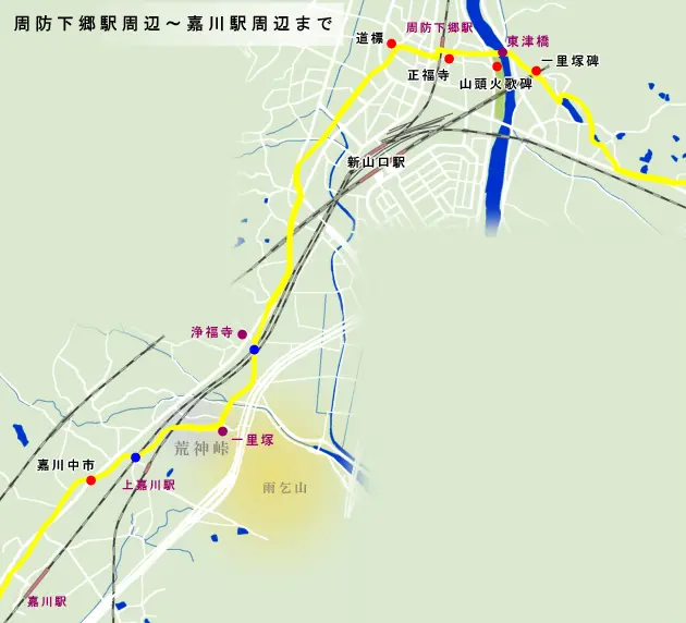 山陽道　周防下郷周辺～嘉川駅周辺までの地図