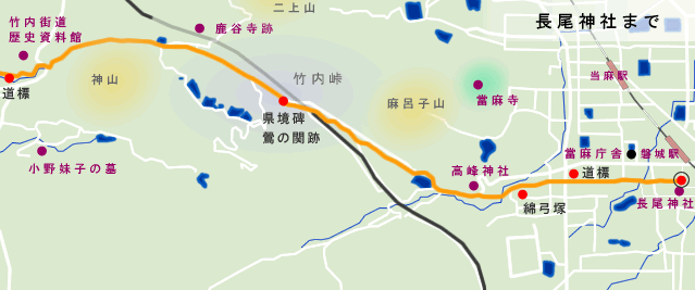 竹内街道　太子町周辺から長尾神社までの地図